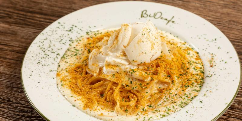 BiOcafe-Vegan cheese carbonara with Brown rice pasta 